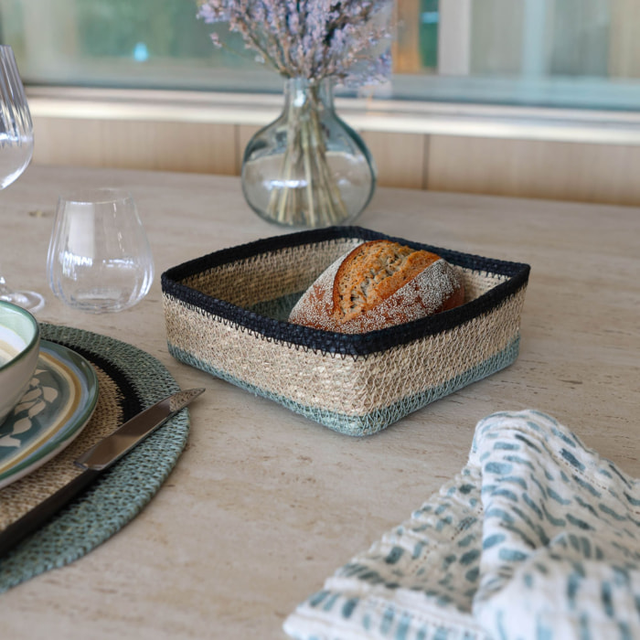 Panier carré en jonc de mer naturel et vert 18cm DUNE
