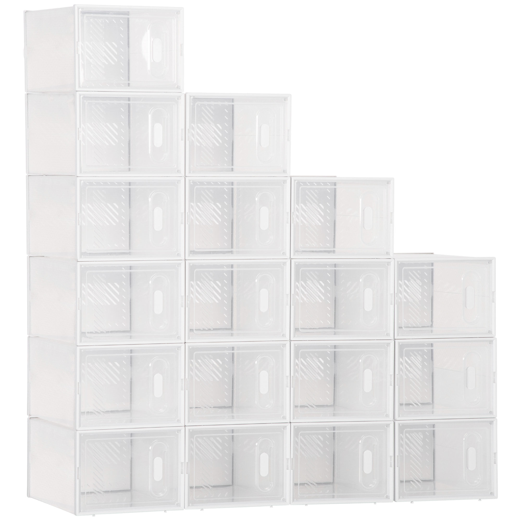 Lot de 18 boites cubes rangement à chaussures modulable avec portes transparentes - dim. 25L x 35l x 19H cm - PP blanc transparent