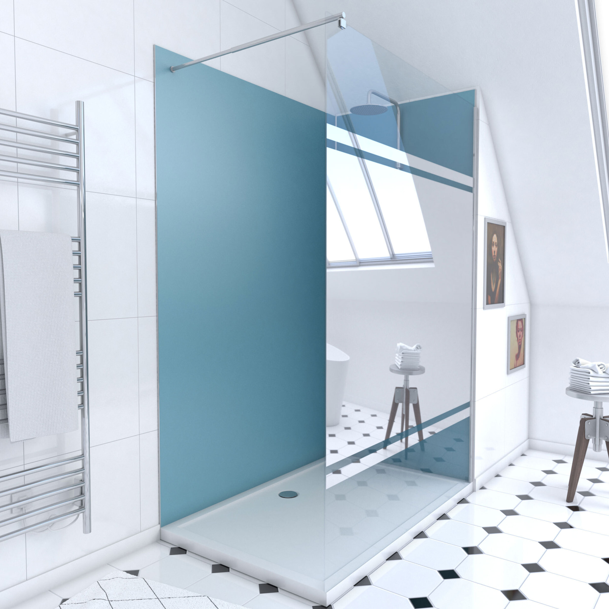 Pack Douche a l'Italienne 90x120 - Kit Panneaux Muraux Bleu/Chrome + Receveur + Paroi Miroir 8 mm