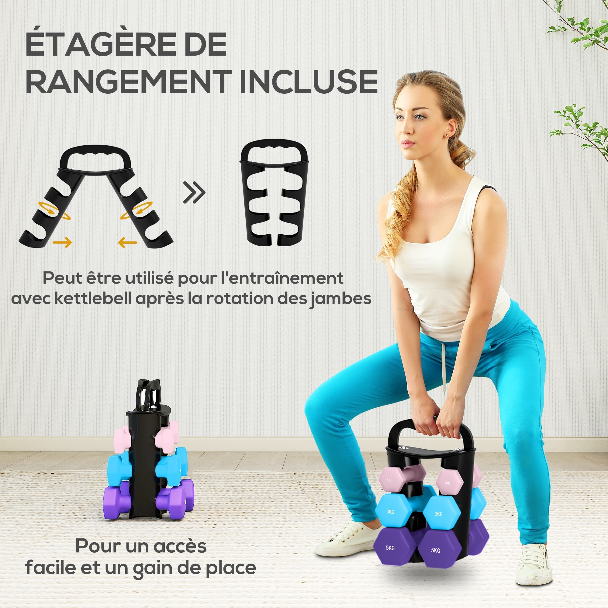 Support noir pour 6 haltères vinyles - 6 haltères incluses total 48 Kg - noir rose bleu violet