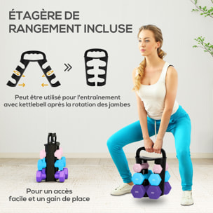 Support noir pour 6 haltères vinyles - 6 haltères incluses total 48 Kg - noir rose bleu violet