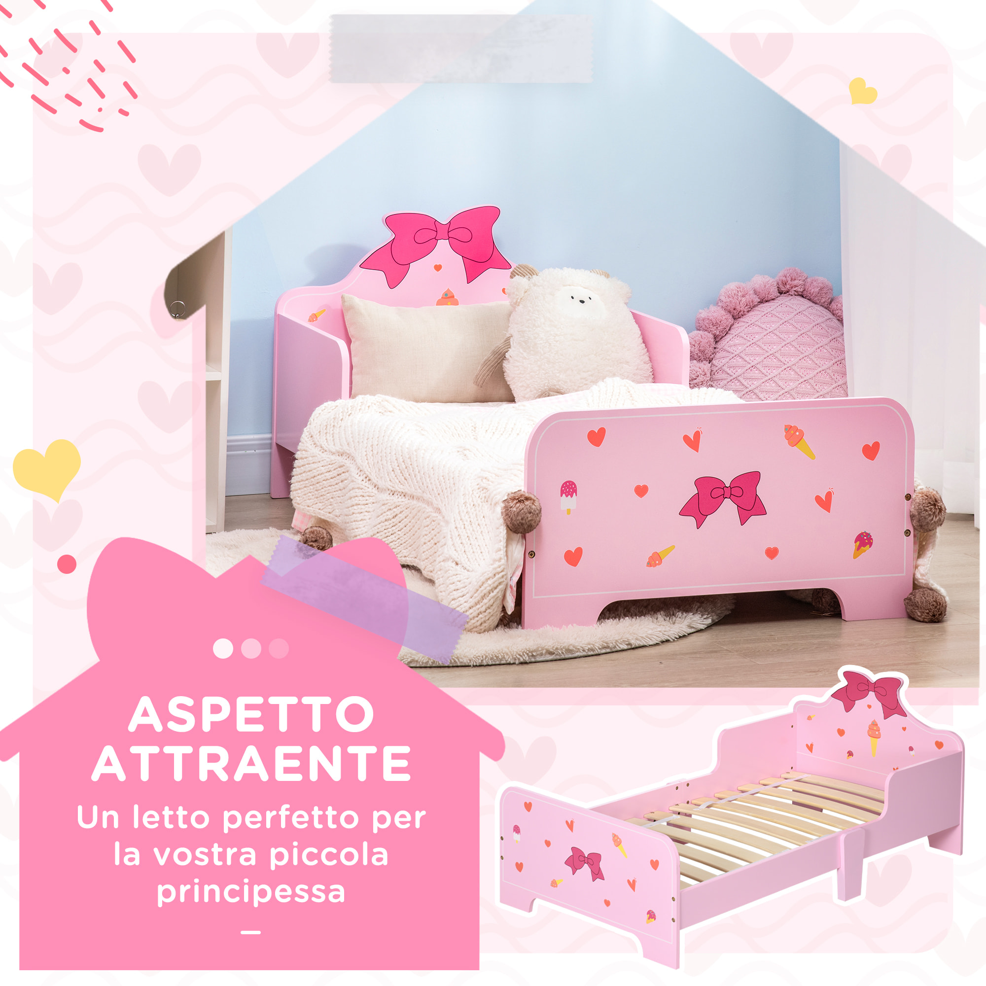 ZONEKIZ Letto per Bambini con Sponde e Fantasia a Fiocchi e Cuori, Età 3-6 Anni, 143x74x59cm, Rosa