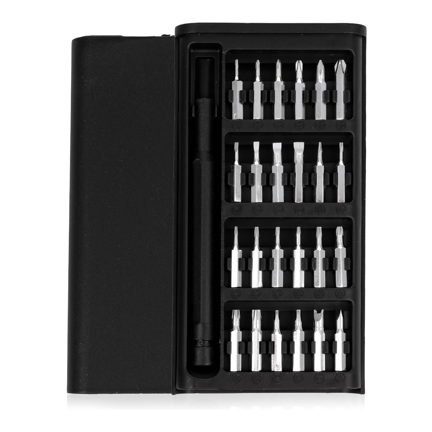 Juego de destornillador 24 en 1 con cuerpo plástico, carcasa con apertura por deslizamiento y puntas de acero.