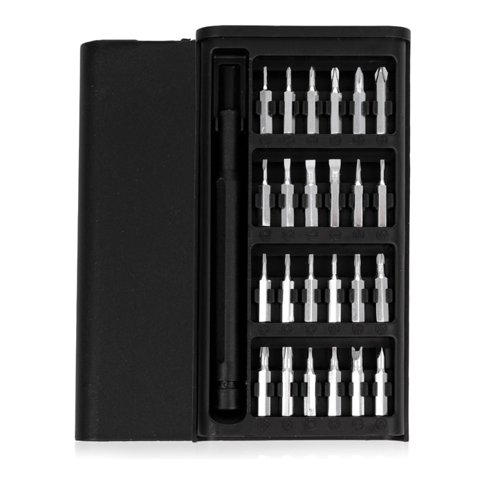 Juego de destornillador 24 en 1 con cuerpo plástico, carcasa con apertura por deslizamiento y puntas de acero.