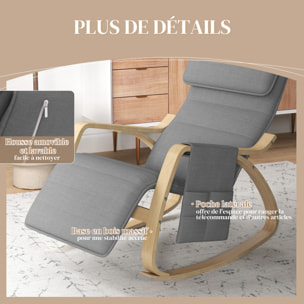 Fauteuil à bascule - fauteuil relax repose-pied réglable, poche rangement, tétière - bois tissu gris