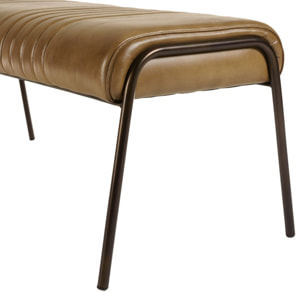 MARCEL - Banc matelassé en cuir marron et pieds acier