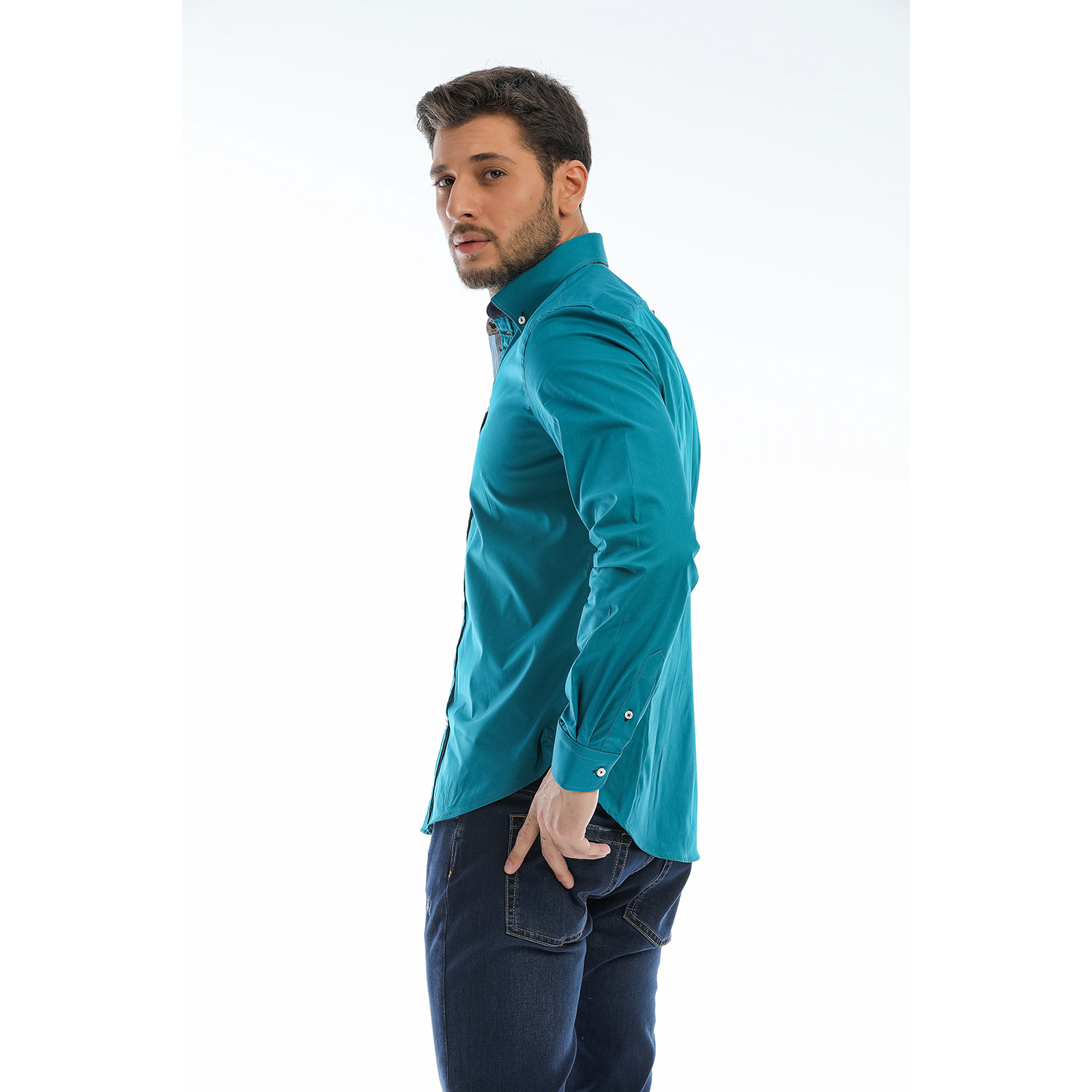 Camicia Uomo 1 Bottoni Button Down Slim Popeline Stretch Unito Verde Ottanio