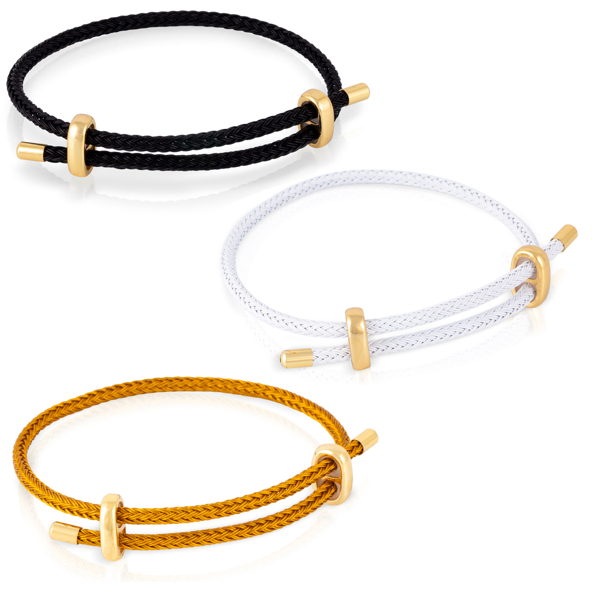 Pack de 3 pulseras trenzadas de alambre de acero oro, blanco y negro con cierre cruzado de cobre dorado.