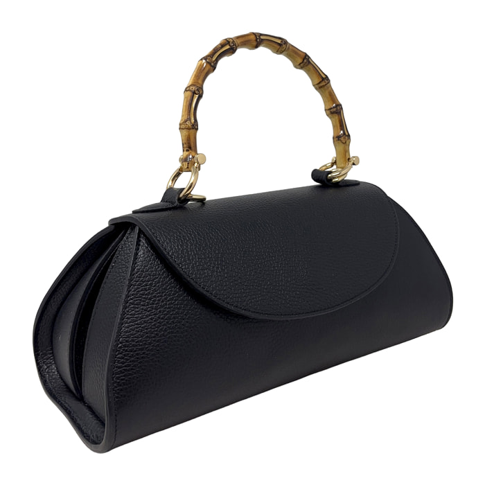 Borsa a Mano Elegante da Donna con Manico in Bambu in Pelle Martellata
