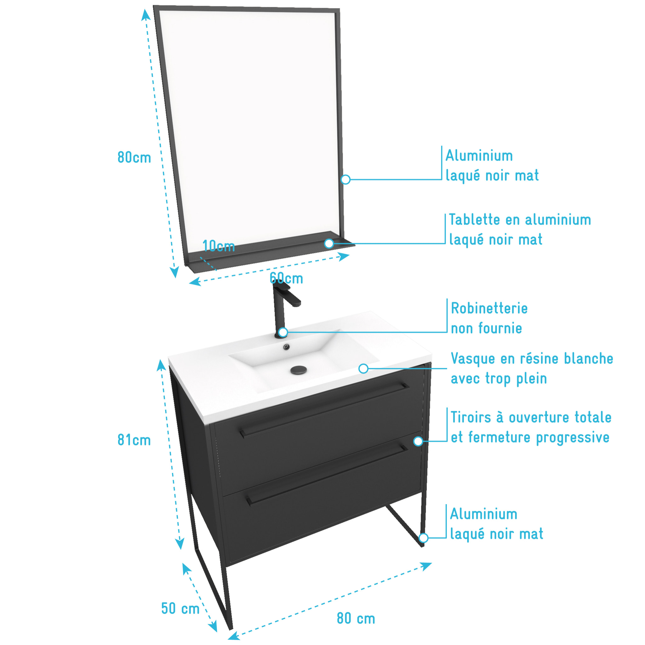 Pack Meuble de salle de bain 80x50 cm NOIR MAT - 2 tiroirs Noir mat - vasque blanche + miroir