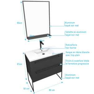 Pack Meuble de salle de bain 80x50 cm NOIR MAT - 2 tiroirs Noir mat - vasque blanche + miroir