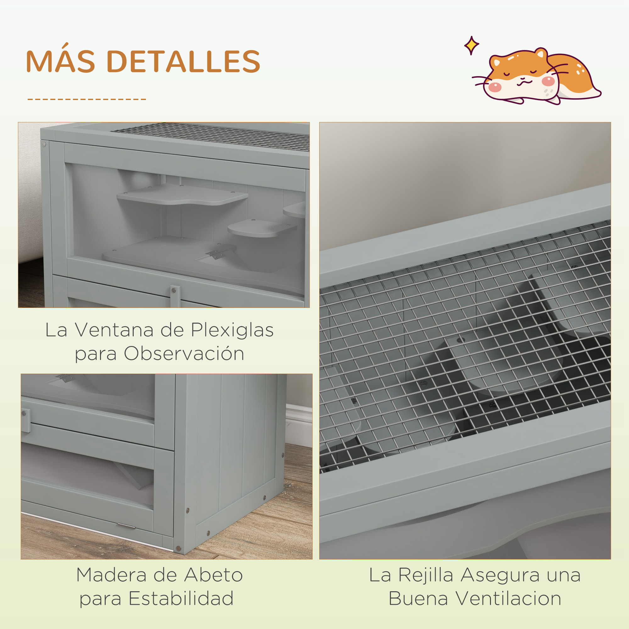 Jaula para Hámster de Madera de 2 Niveles Casa para Animales Pequeños con Plataformas Escaleras 60x35x42 cm Gris