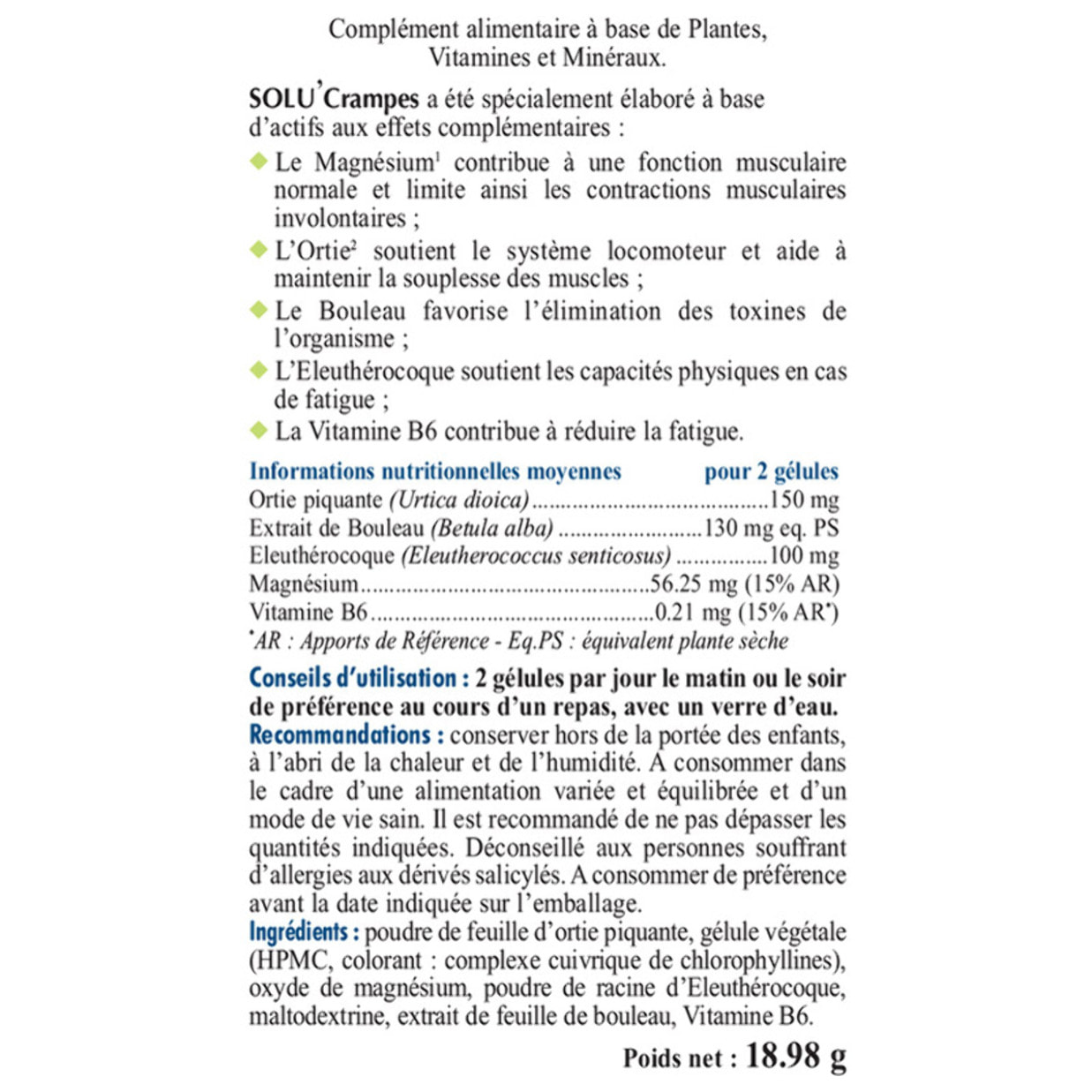 NUTRI EXPERT - Solu Crampes - Lutte contre les crampes - Soulage les douleurs musculaires - 100% Extraits Naturels - Marque Française - 60 gélules