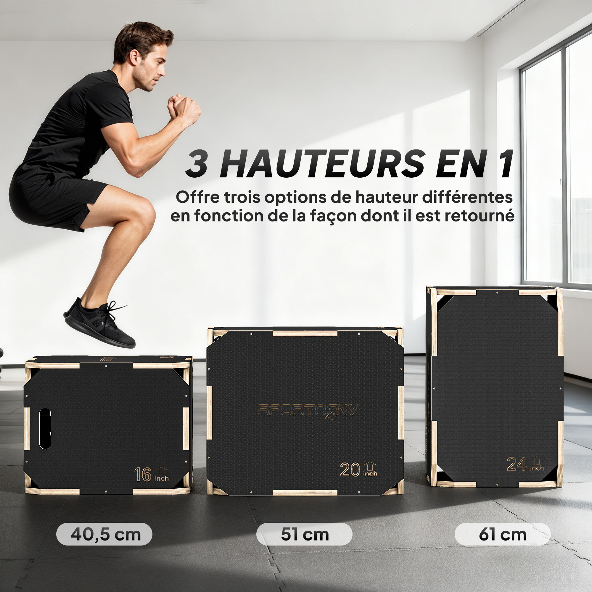 Box jump - box de pliométrie - boite de saut - 3 hauteurs 40/51/61H cm - charge max. 120 Kg - contreplaqué antidérapant noir
