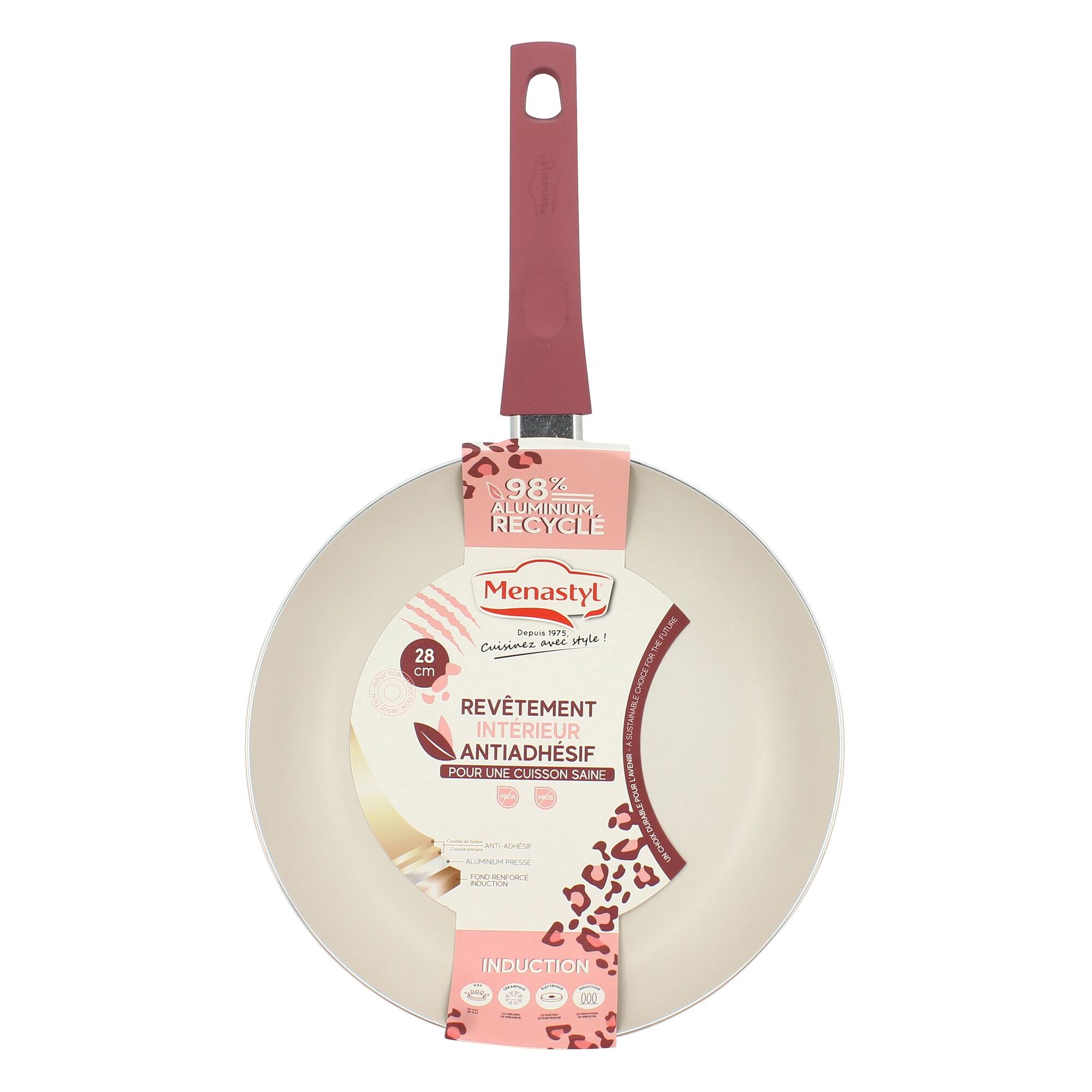 Poêle en aluminium recyclé 28cm léopard rose - tous feux LEOPARD