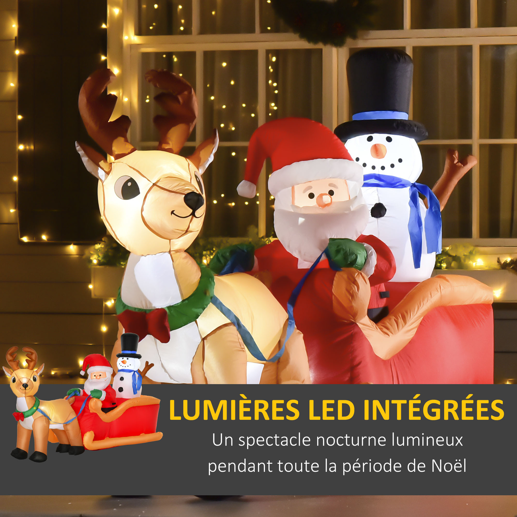 Traîneau Père Noël gonflable LED avec renne bonhomme de neige - matériel fixation et souffleur inclus