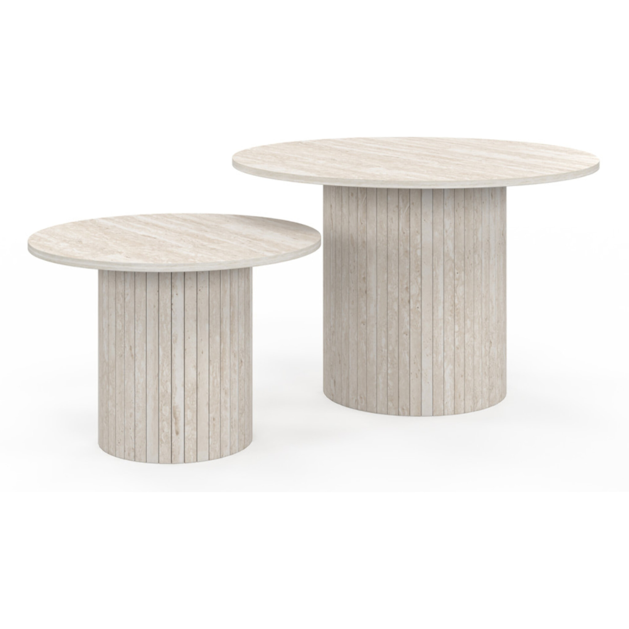 Tables basses rondes gigognes Alvar effet travertin et pieds lattes - lot de 2