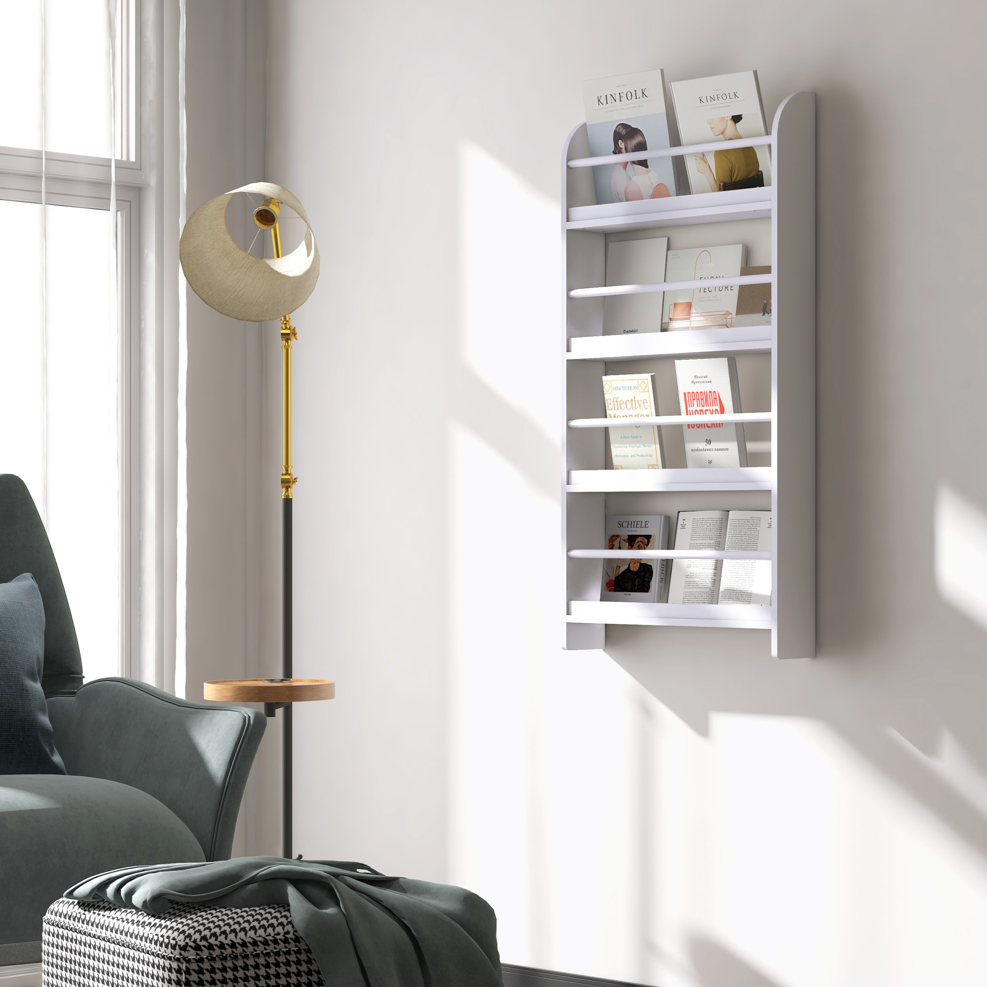 Bibliothèque murale 4 étagères avec barres supports - 59 x 12 x 113 cm - MDF bois blanc