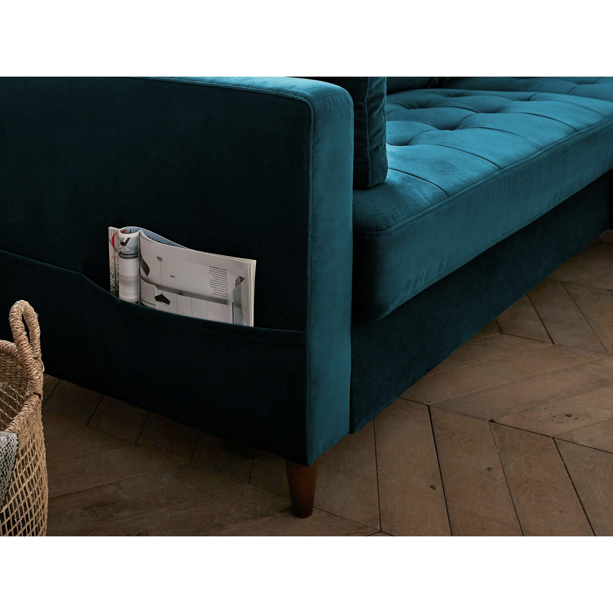 Anna - canapé d'angle droit - 4 places - convertible avec coffre - en velours - Bleu canard