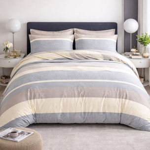 Parure housse de couette 100% percale de coton - rayures gris beige