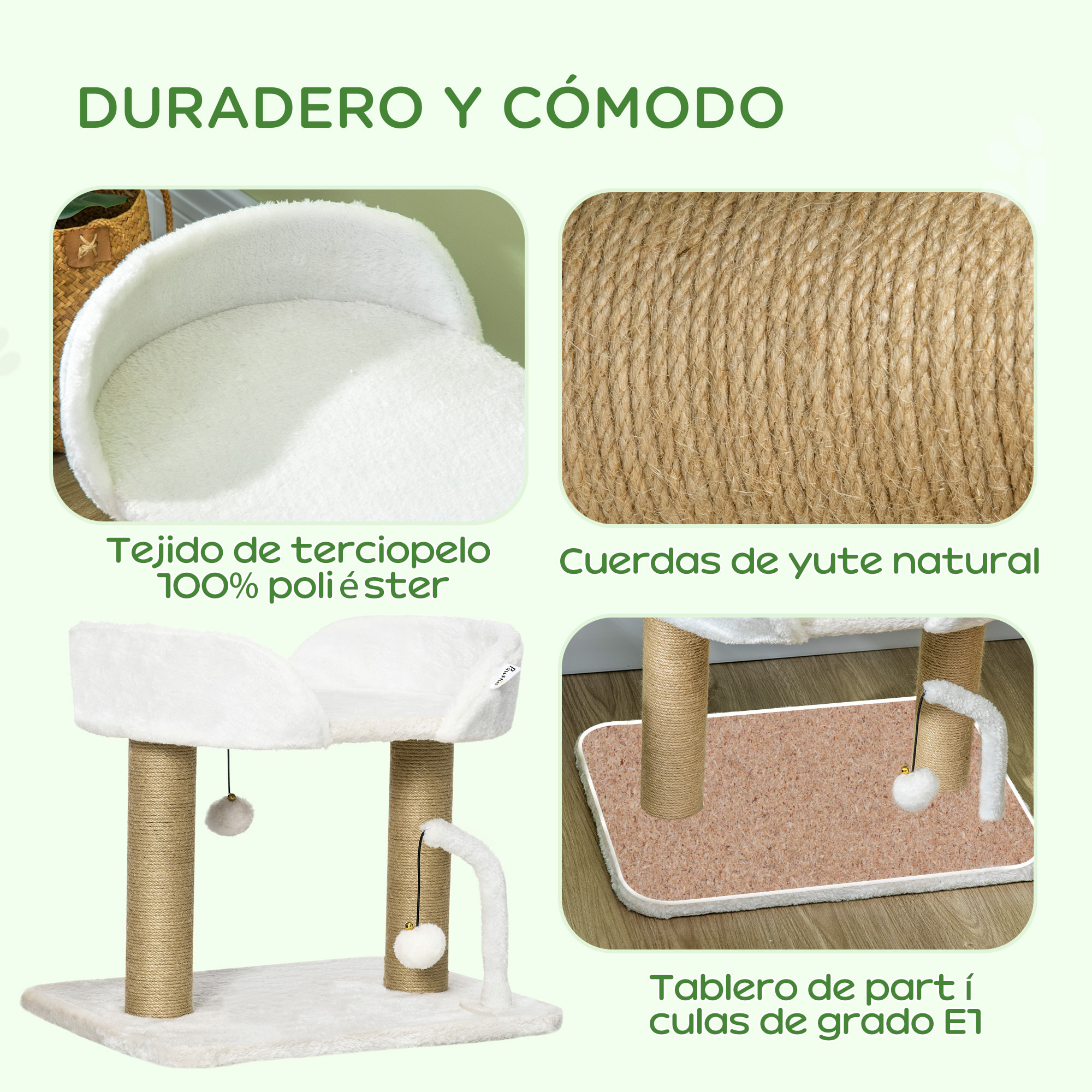 Árbol Rascador para Gatos Pequeños Altura 42 cm Árbol para Gatos con Nido Bolas Colgantes y Postes de Sisal 48x38x42 cm Blanco