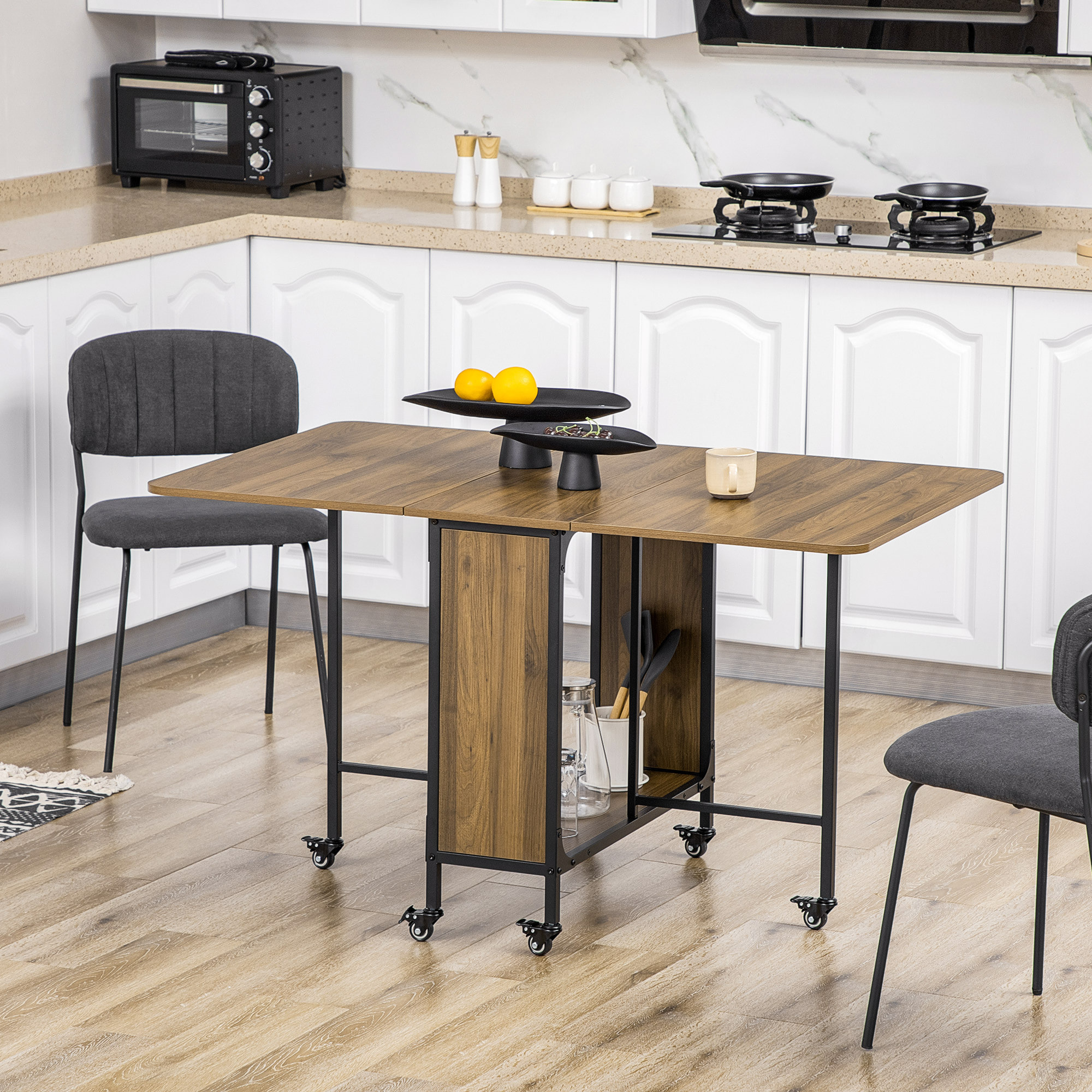 Mesa Plegable de Comedor Mesa de Cocina Plegable con Ruedas Alas Abatibles y Estante de Almacenamiento Mesa Plegable para Salón 130x80x74 cm Madera Marrón