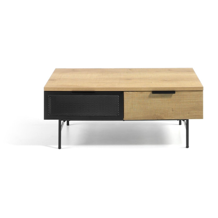 Mesa de centro COOPER - 1 puerta y 1 cajón - roble y negro - 110x60x43cm