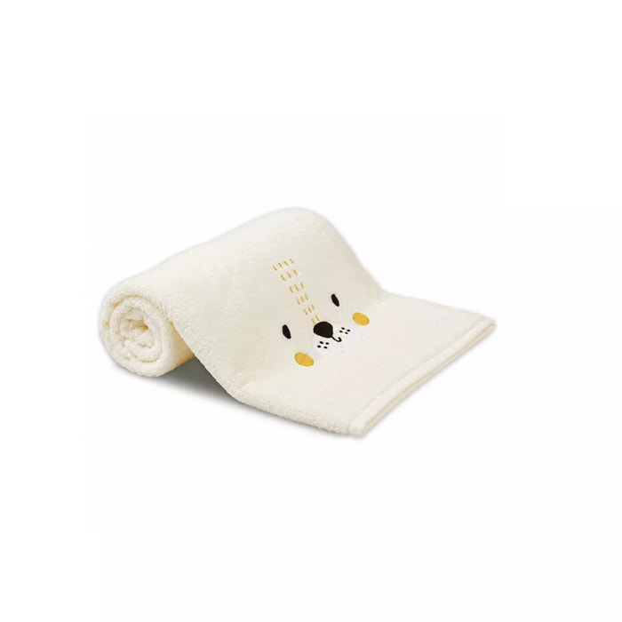 Serviette eponge enfant pur coton 500 g/m² brodé jaune beige Petit lion angora