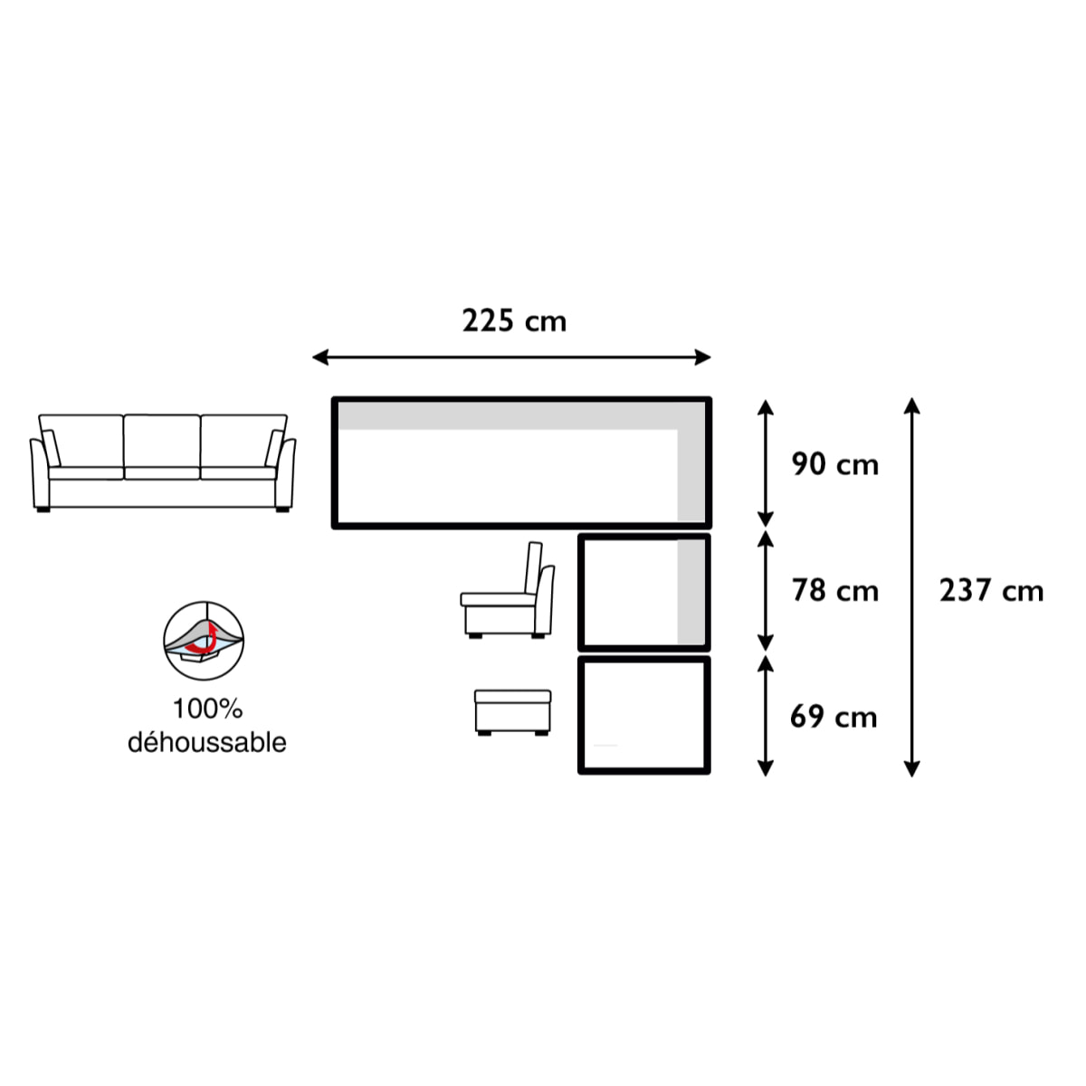 Canapé d'angle ESCAUT fixe 225 x 237 cm Tradition Taupe - 100% déhoussable - Fabriqué en France