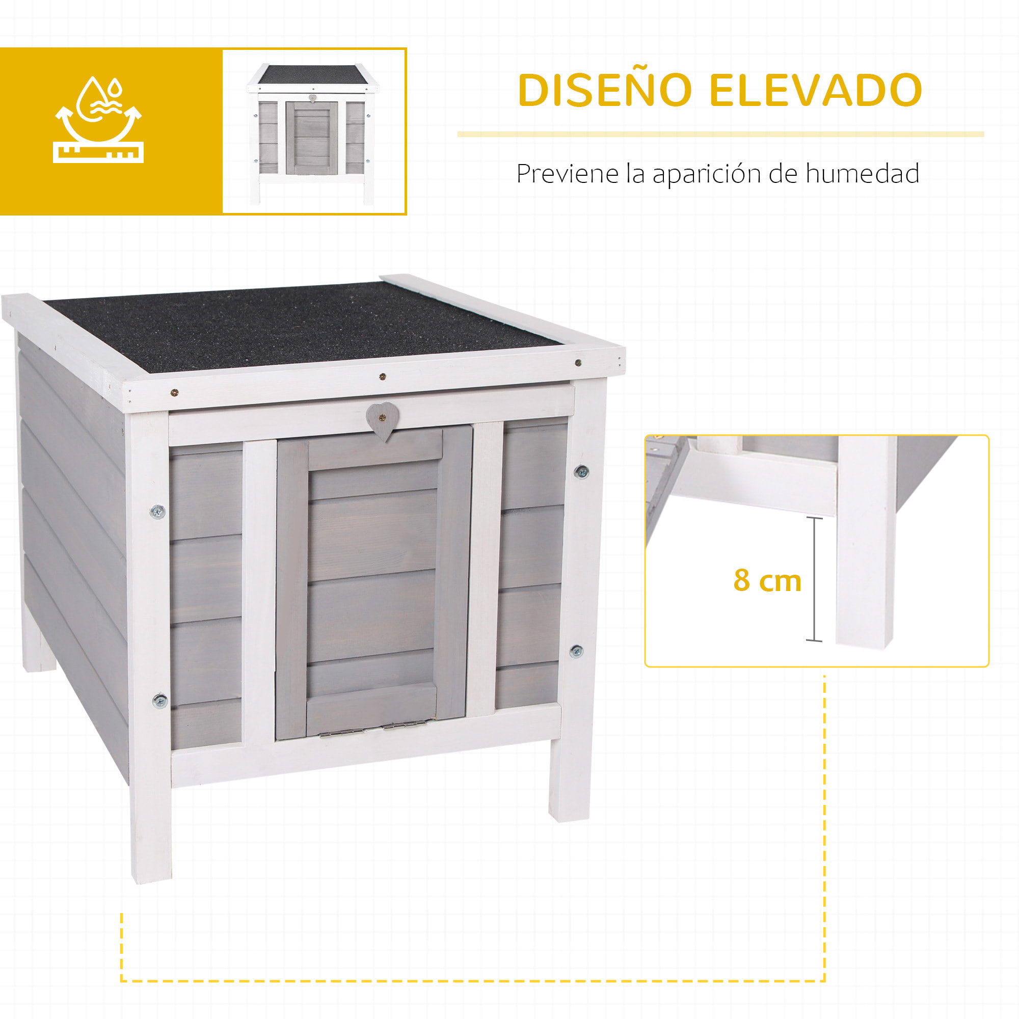 Conejera de Madera Exterior Jaula Caseta para Roedores Mascotas Pequeñas con Techo Asfáltico Abatible y Rampa Antideslizante 42x51x43 cm Gris