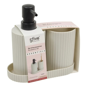 Lot distributeur de savon et gobelet strié beige