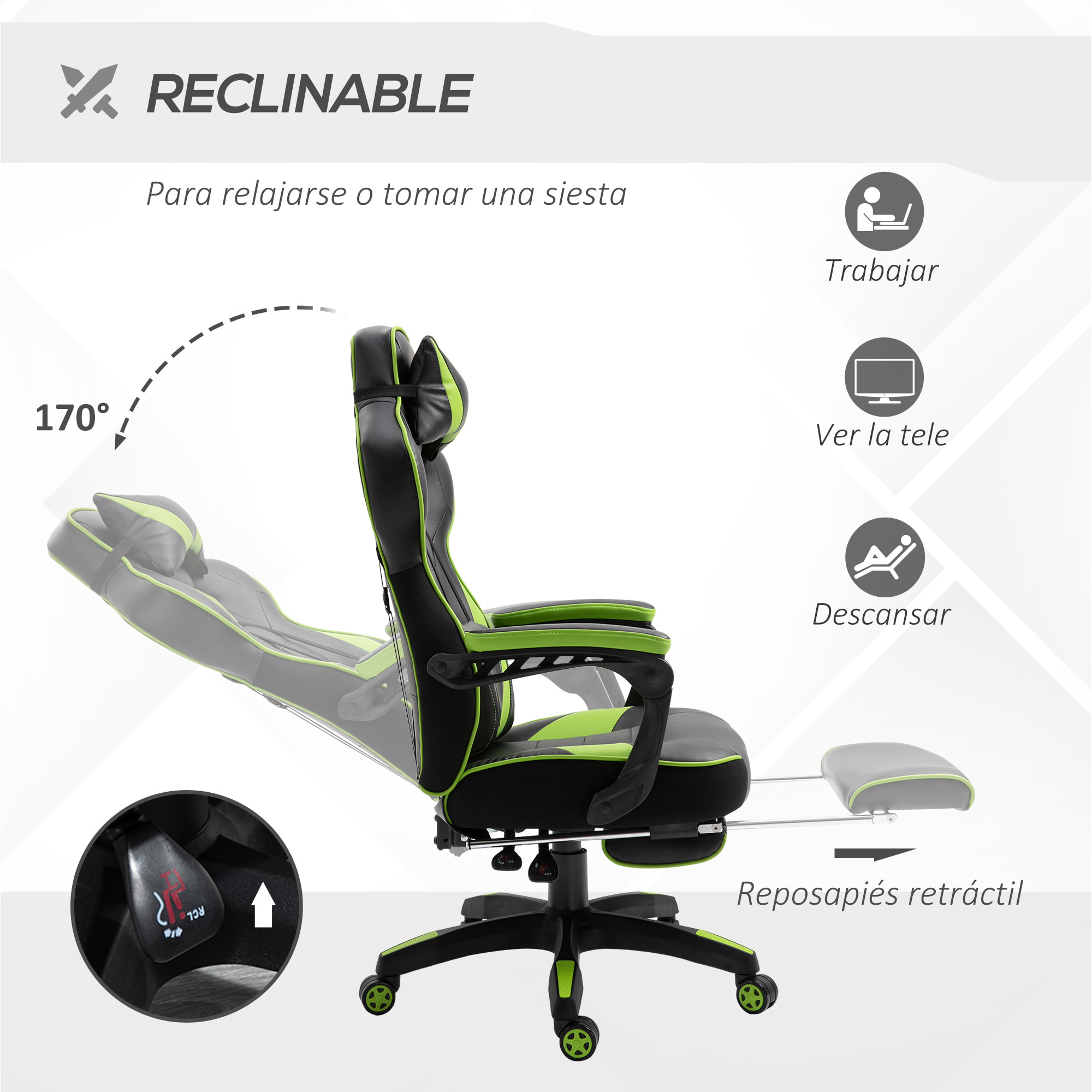 Silla Racing de Escritorio Reclinable Negro y Verde