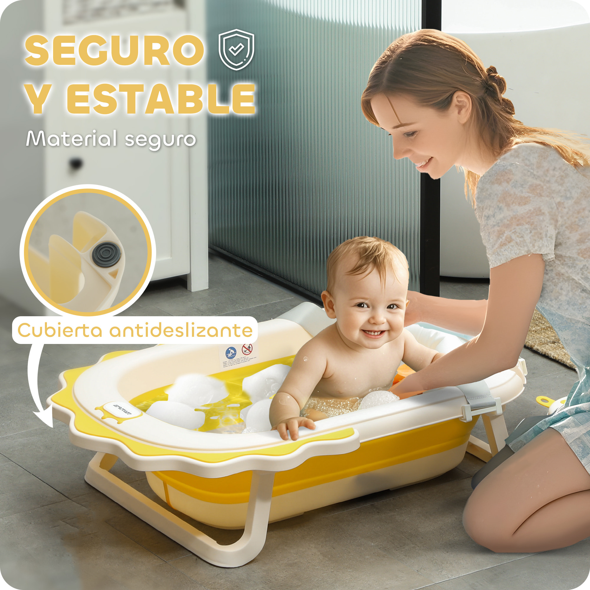 Bañera Plegable Bebés con Cojín y Palangana 80,5x55x20 cm Bañera Bebé 0-3 Años con Patas Almohadillas Antideslizantes Orificio de Drenaje y Agujero de Ducha Amarillo