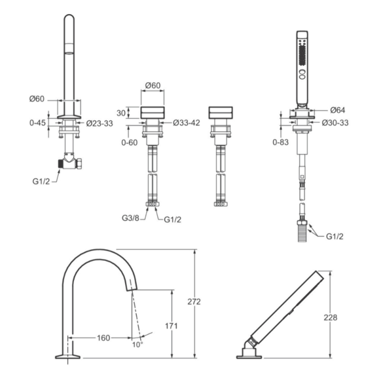 Mitigeur baignoire mécanique sur gorge Grands Boulevards chromé + pommeau de douche 2 jets + corps encastré