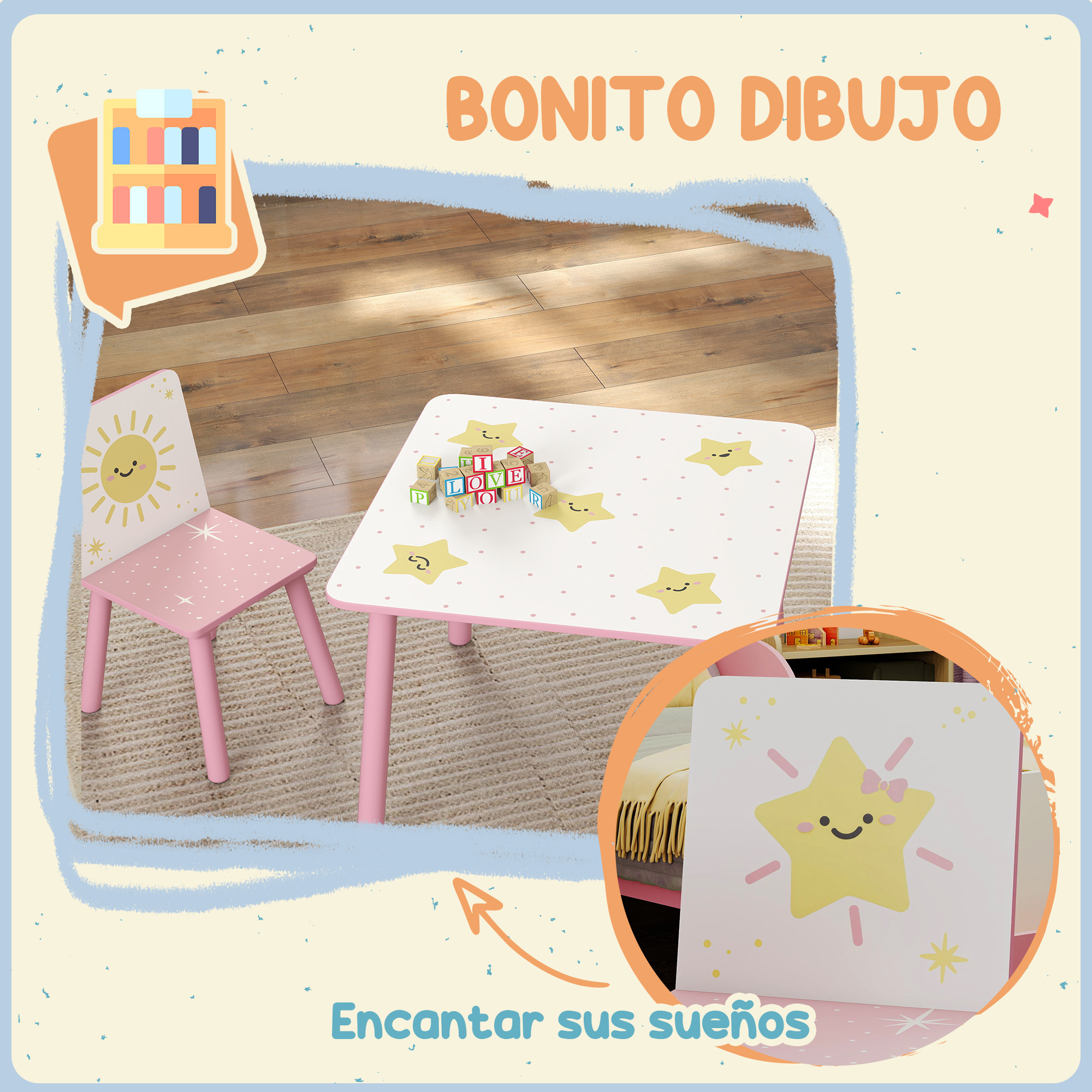 Mesa y Sillas Infantiles de 3 Piezas, Mesa Infantil con 2 Sillas de Madera de Pino, Juego de Muebles con Dibujos de Estrella para niños de +3 Años, para Dormitorio, Sala de Juegos, Rosa
