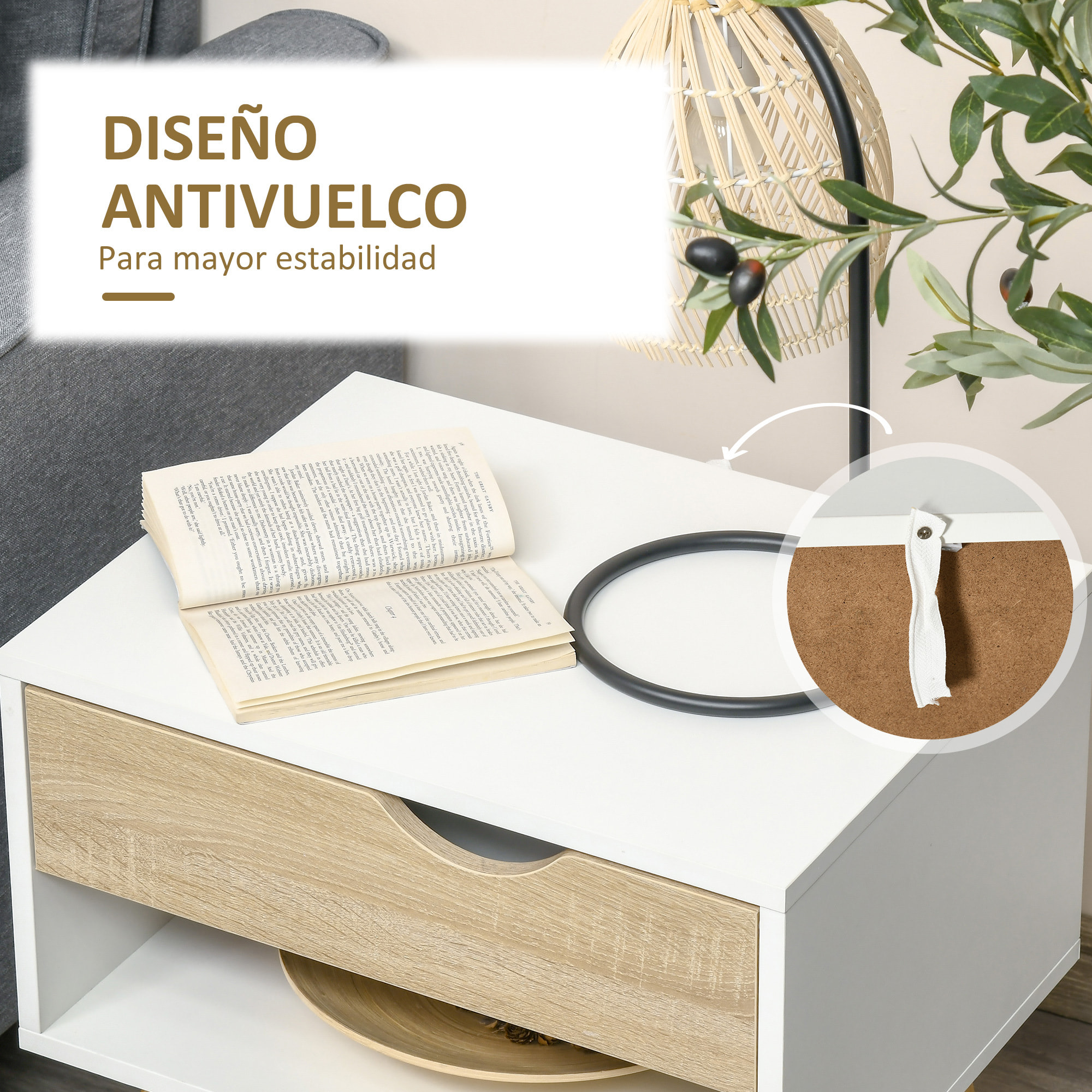 Set de 2 Mesitas de Noche Mesa Auxiliar con 1 Cajón y Estante de Almacenamiento para Dormitorio Salón Cama Oficina Estilo Moderno 50x39x51 cm Blanco y Roble