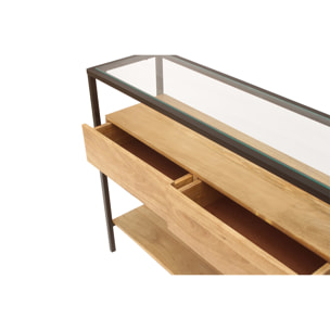 Console en bois clair manguier massif et plateau en verre 2 tiroirs L100 cm SITA