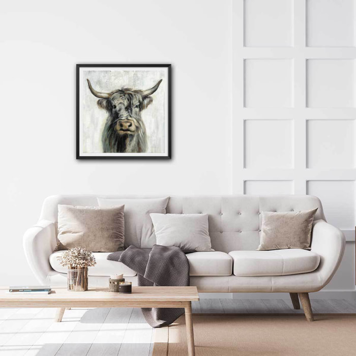 Affiche Vache highland aquarelle Affiche + cadre en bois - Noir