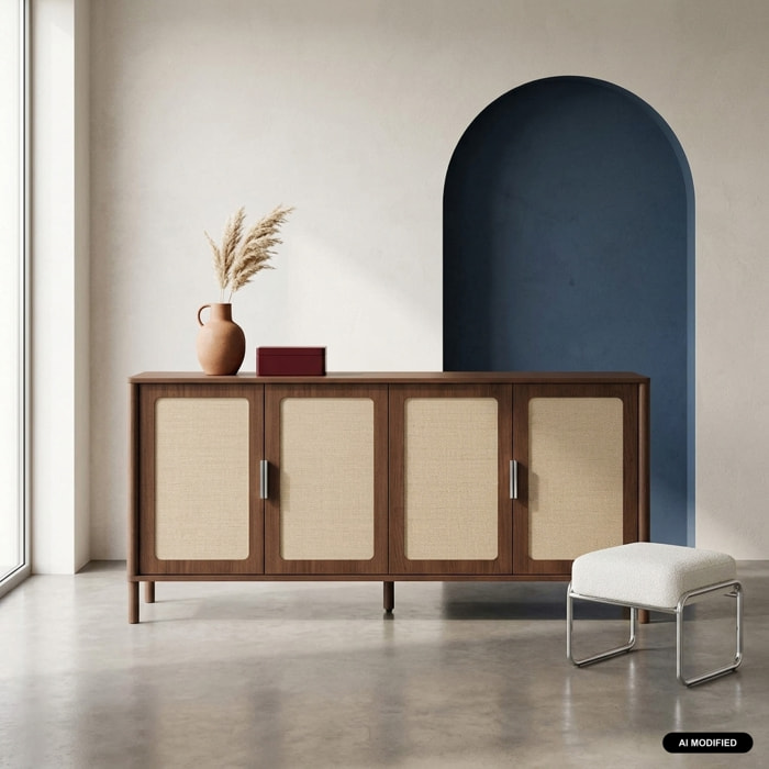 Buffet vintage décor bois et cannage 4 portes 160cm ETTA