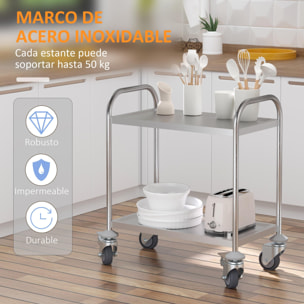 Carrito Auxiliar con Ruedas de Acero Inoxidable Carrito de Cocina con Bandejas y 2 Brazos para Comedor Salón 70,5x40,5x81 cm Plata