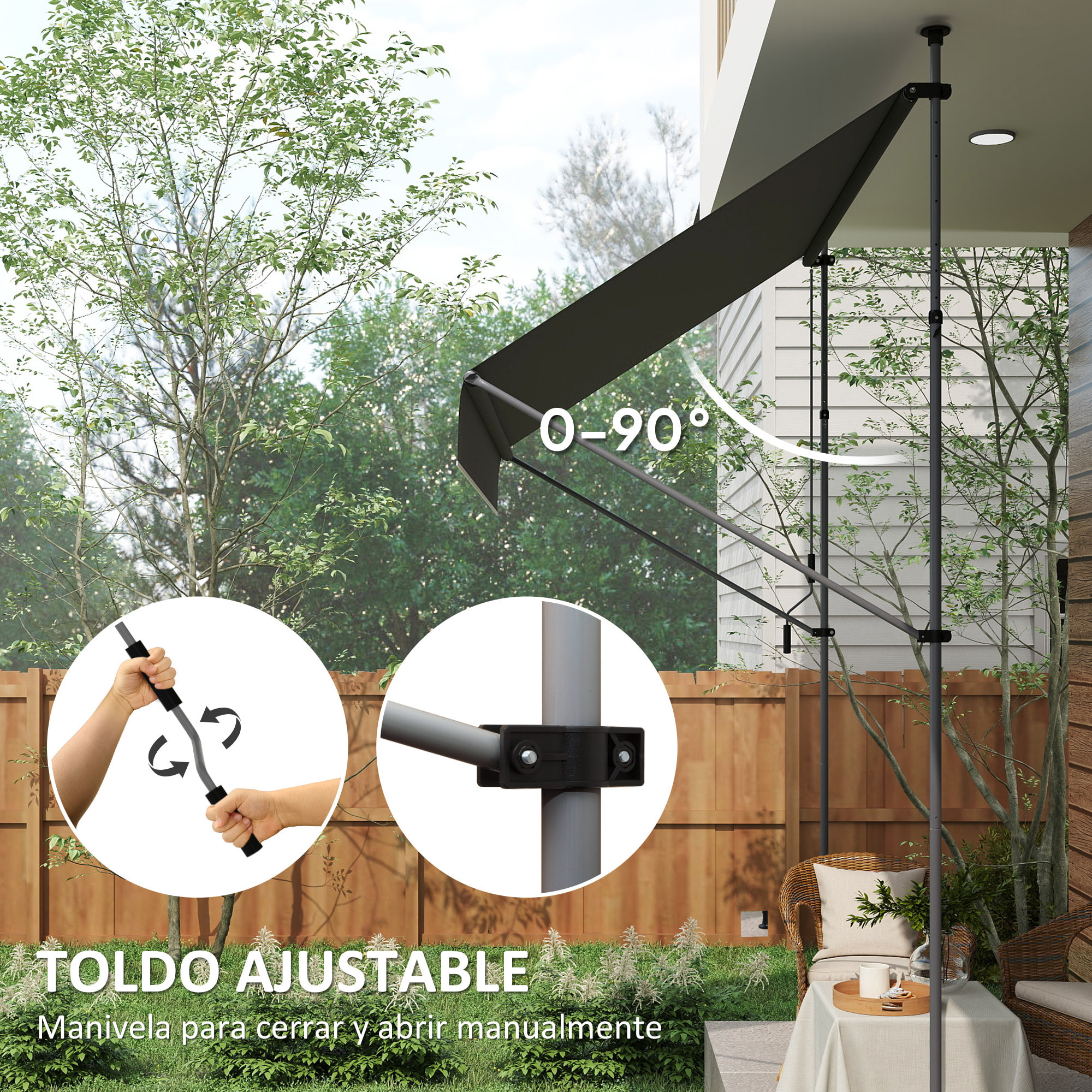 Toldo Manual Retráctil 2x1,2 m Toldo Exterior Terraza Enrollable Altura Ajustable con Manivela 210-310 cm Protección UV30+ Sin Taladro para Jardín Balcón Patio Negro