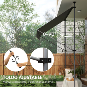 Toldo Manual Retráctil 2x1,2 m Toldo Exterior Terraza Enrollable Altura Ajustable con Manivela 210-310 cm Protección UV30+ Sin Taladro para Jardín Balcón Patio Negro