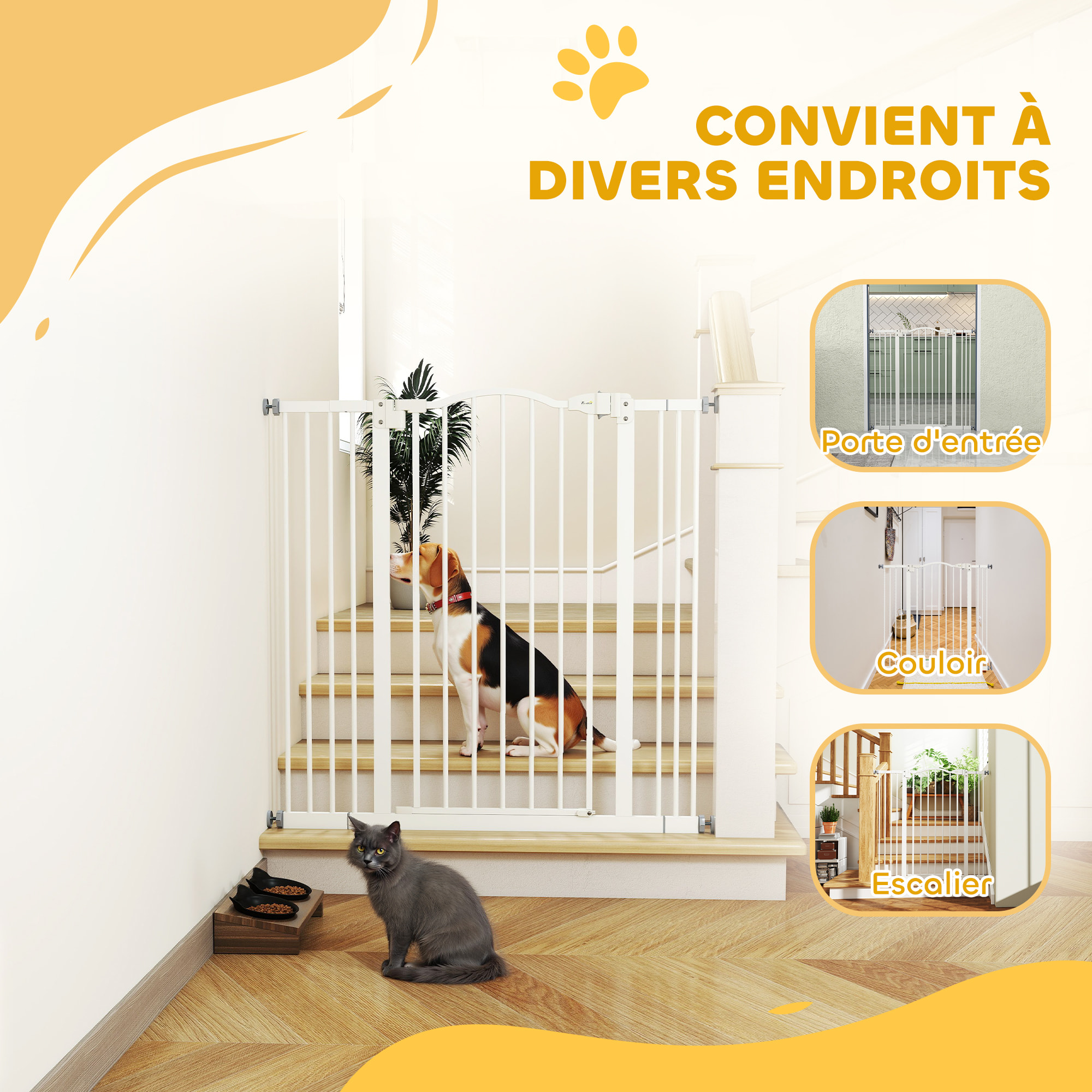 Barrière de sécurité pour chien extensible 74-100 cm, barrière d'escalier à fixation par pression sans percer, double verrouillage, fermeture automatique, hauteur 94 cm, blanc