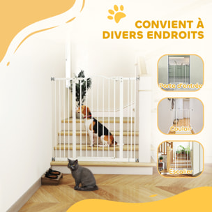 Barrière de sécurité pour chien extensible 74-100 cm, barrière d'escalier à fixation par pression sans percer, double verrouillage, fermeture automatique, hauteur 94 cm, blanc