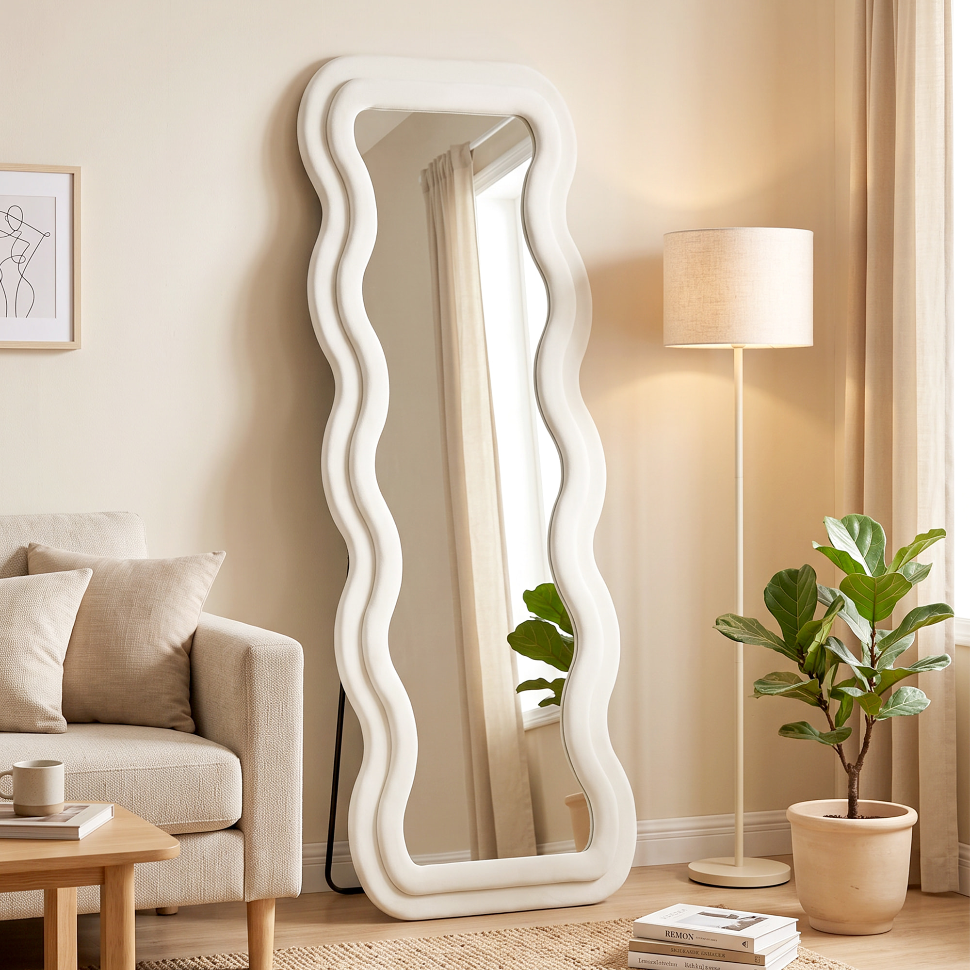 Miroir sur pied pleine longueur design ondulé velours blanc crème
