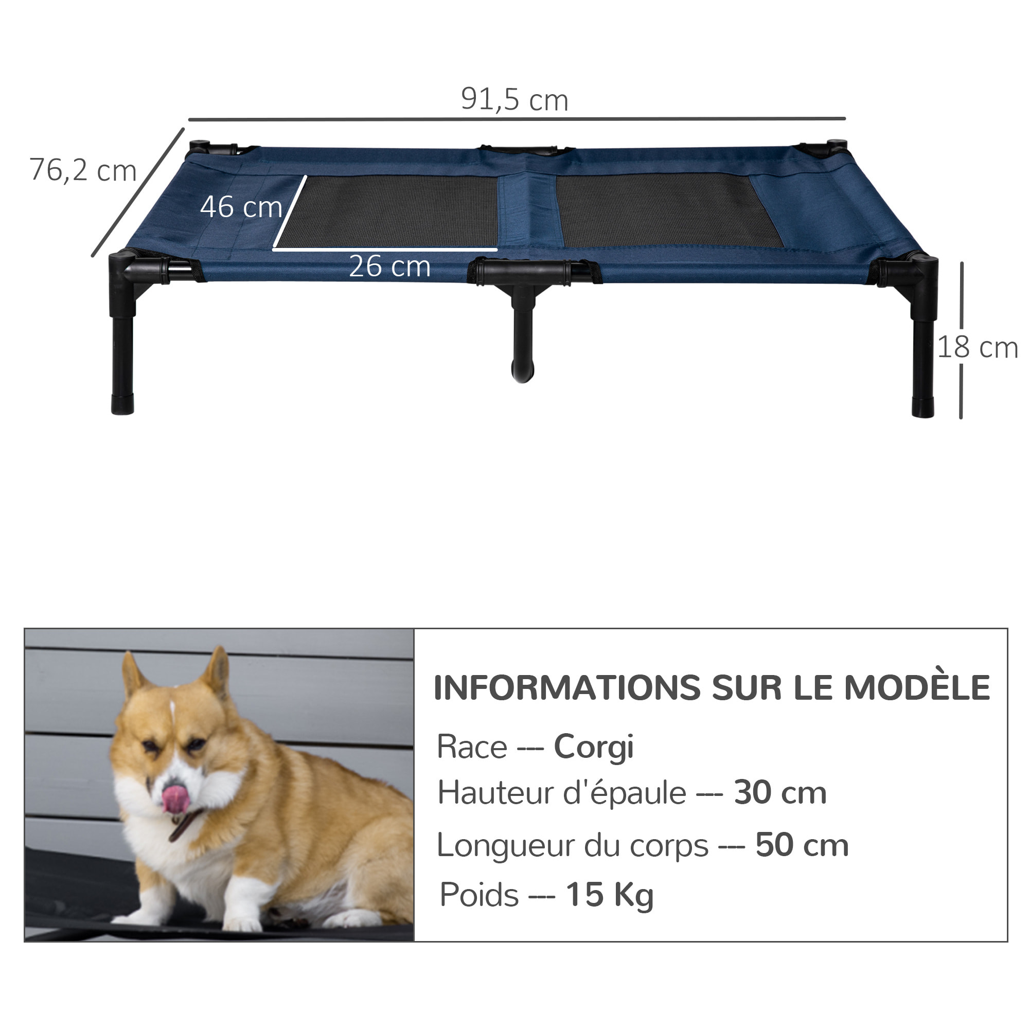 Lit sur pieds XXL pour chien chat lit de camp animal lit surélevé tissu oxford textilène micro-perforé 92L x 76l x 18H cm bleu marine