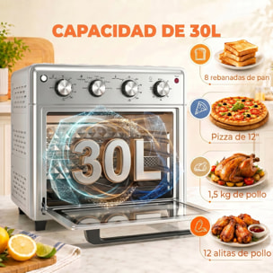 Horno Eléctrico Multifunción de Sobremesa 30L Mini Horno Tostador 1600W Freidora de Aire con 7 Modos de Calor Temporizador y Temperatura Regulable 43x39x39 cm Plata