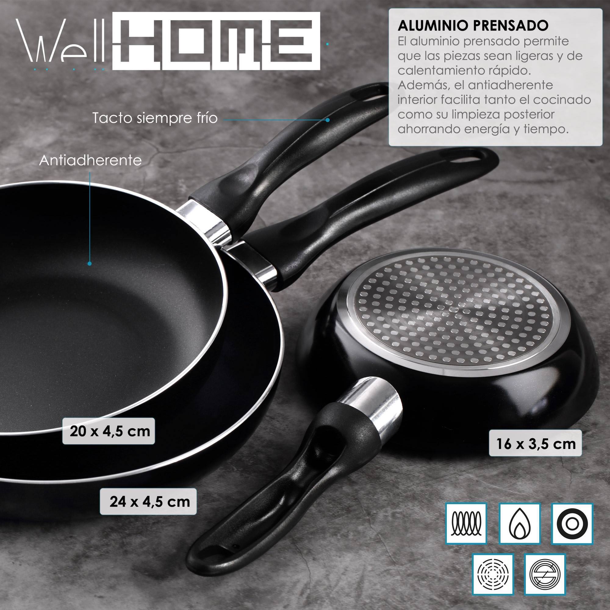 set de batería de cocina de 7pc en acero inoxidable + 3 sartenes ø16ø20ø24cm negro en aluminio prensado