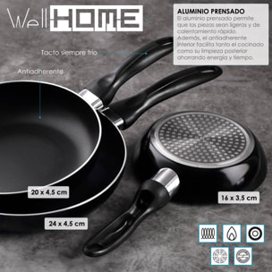 set de batería de cocina de 7pc en acero inoxidable + 3 sartenes ø16ø20ø24cm negro en aluminio prensado
