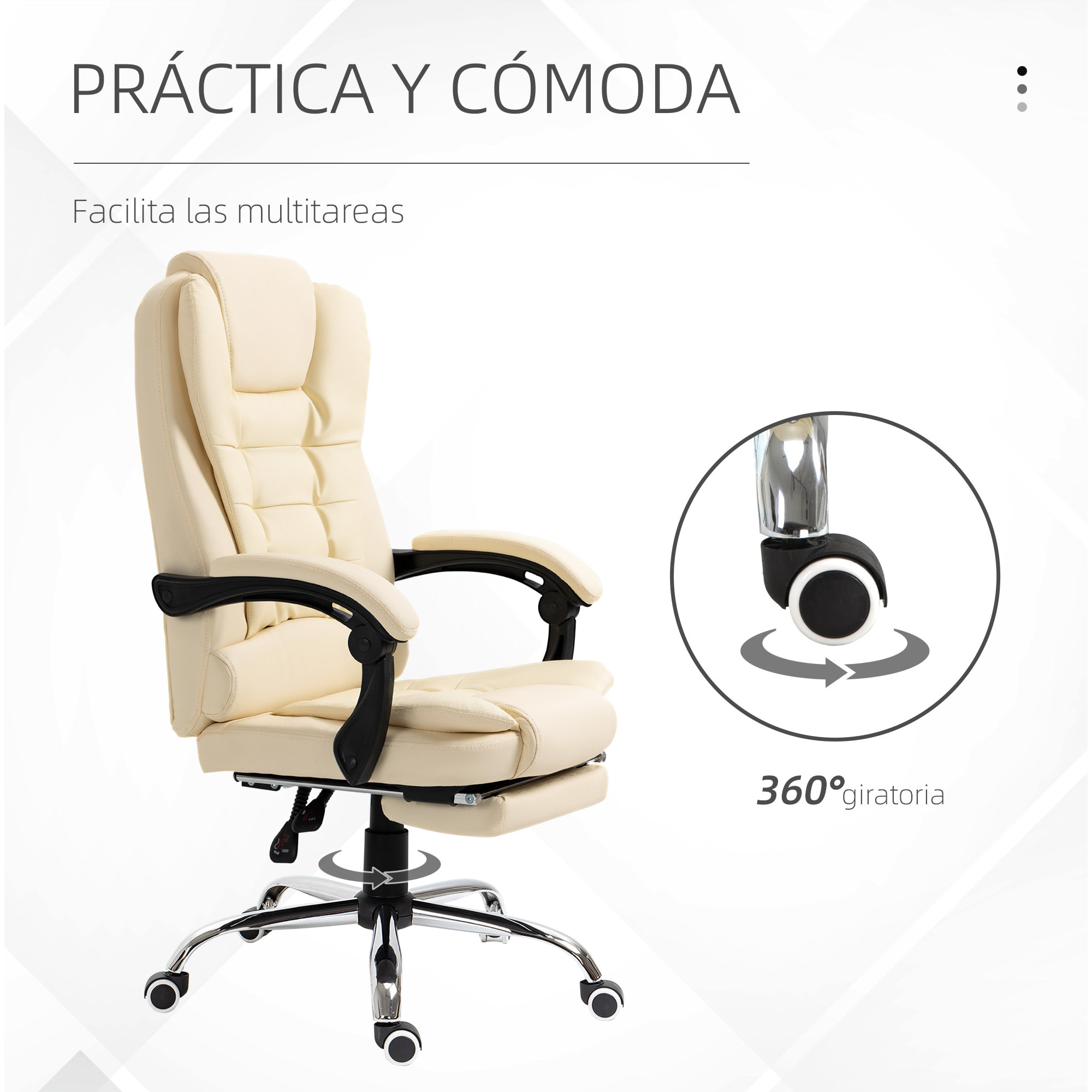 Silla de Oficina Reclinable Silla de Escritorio con Reposapiés Silla Ejecutiva Giratoria con Altura Ajustable Tapizada en PU y Reposabrazos para Estudio Crema